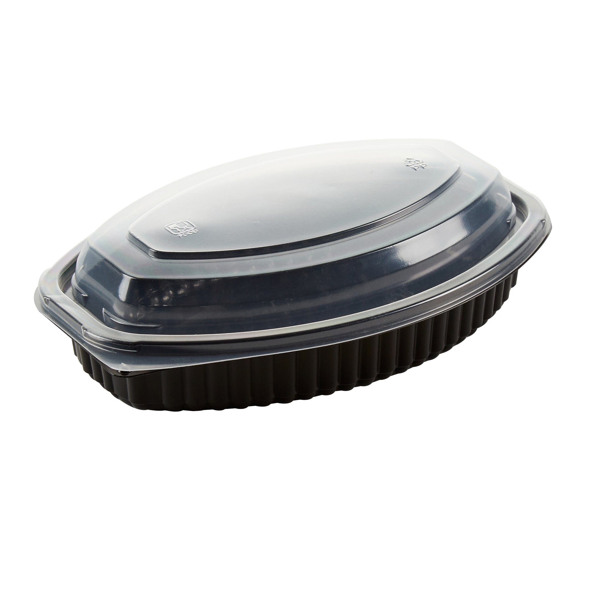 Chef 101 16 oz Oval Black Plastic Food Container - with Clear Lid, Microwavable - 8" x 5 1/2" x 2 1/4" - 100 count box