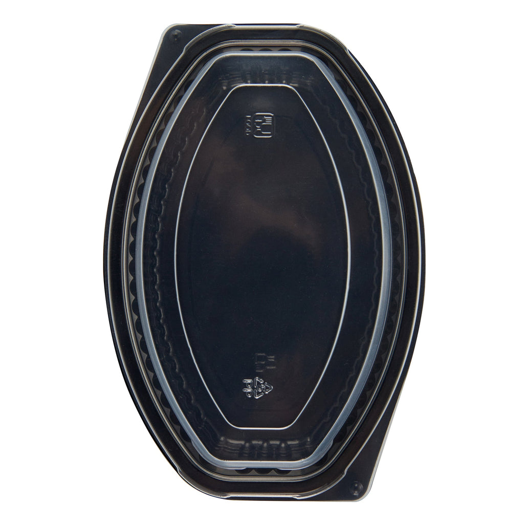 Chef 101 16 oz Oval Black Plastic Food Container - with Clear Lid, Microwavable - 8" x 5 1/2" x 2 1/4" - 100 count box