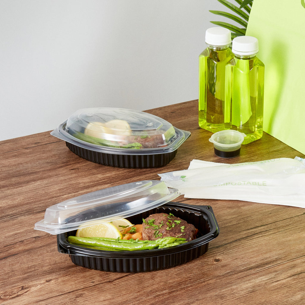 Chef 101 16 oz Oval Black Plastic Food Container - with Clear Lid, Microwavable - 8" x 5 1/2" x 2 1/4" - 100 count box