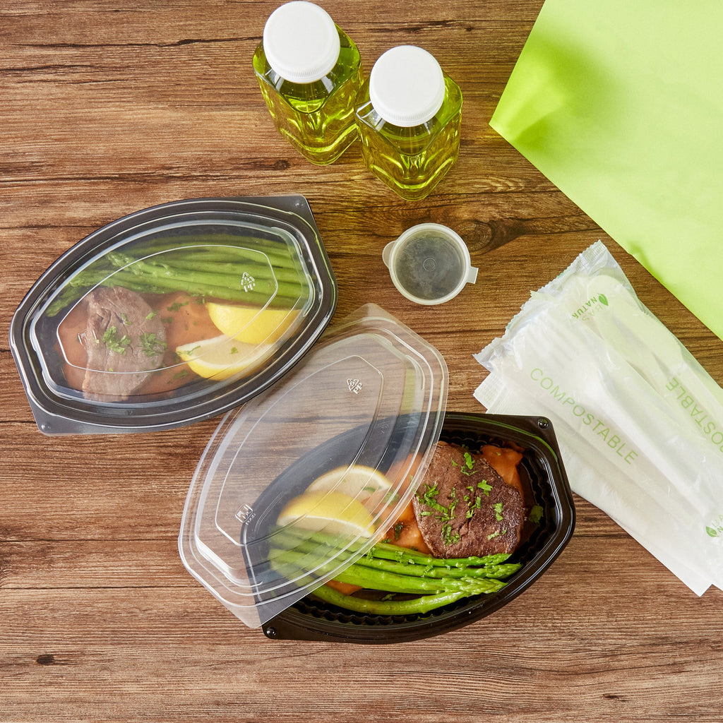 Chef 101 16 oz Oval Black Plastic Food Container - with Clear Lid, Microwavable - 8" x 5 1/2" x 2 1/4" - 100 count box