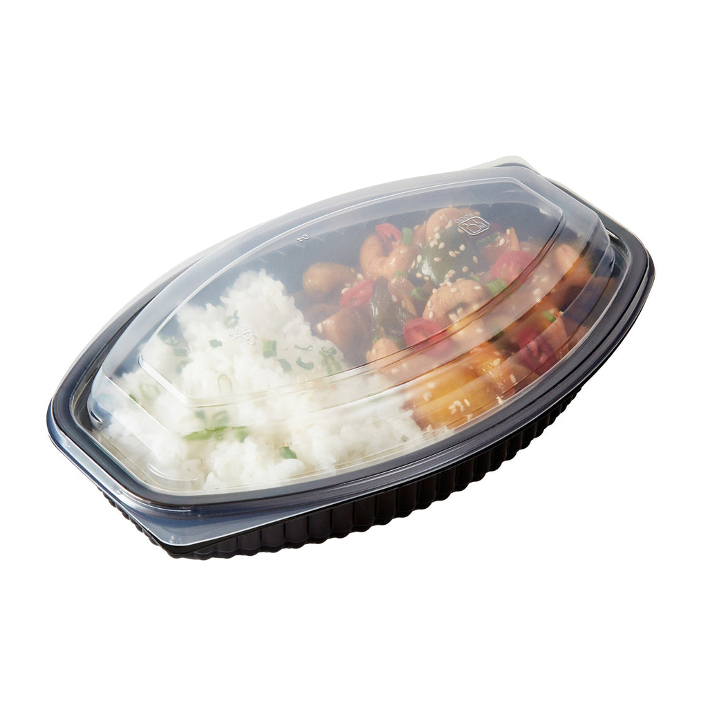 Chef 101 21 oz Oval Black Plastic Food Container - with Clear Lid, Microwavable - 9 1/4" x 5 3/4" x 2 1/4" - 100 count box