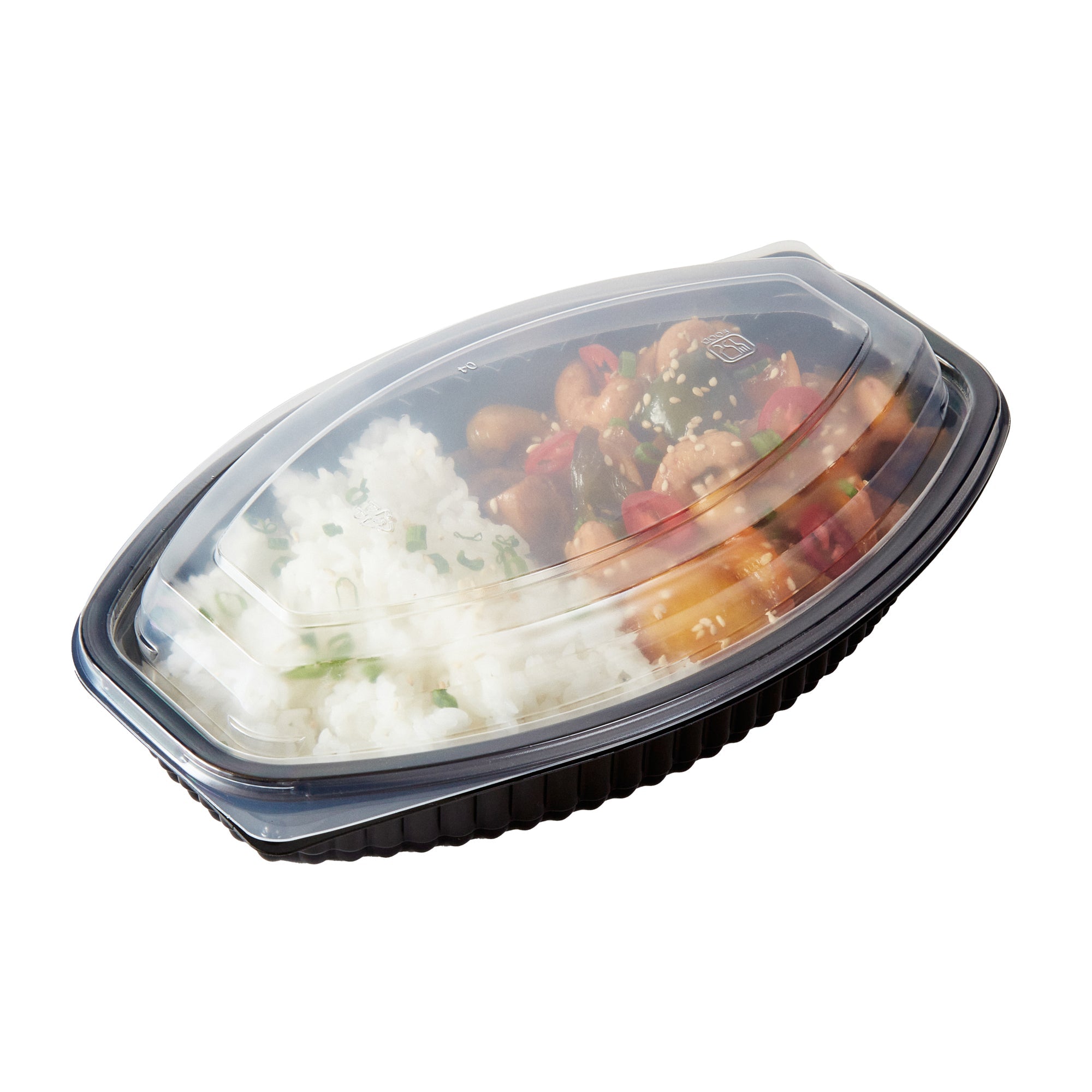 Chef 101 21 oz Oval Black Plastic Food Container - with Clear Lid, Microwavable - 9 1/4" x 5 3/4" x 2 1/4" - 50 count box