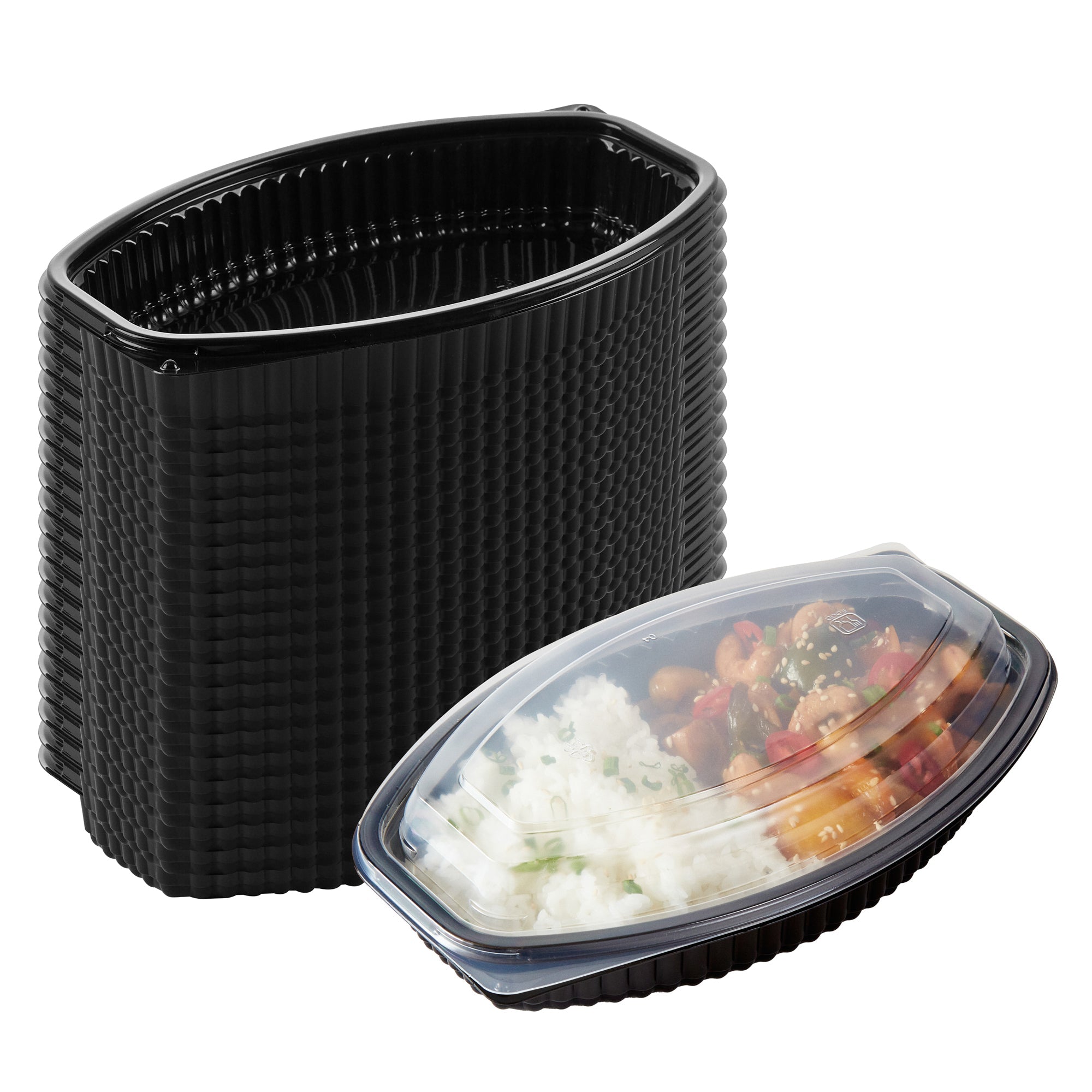 Chef 101 21 oz Oval Black Plastic Food Container - with Clear Lid, Microwavable - 9 1/4" x 5 3/4" x 2 1/4" - 50 count box