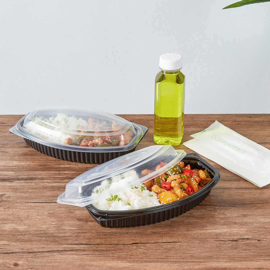 Chef 101 21 oz Oval Black Plastic Food Container - with Clear Lid, Microwavable - 9 1/4" x 5 3/4" x 2 1/4" - 50 count box