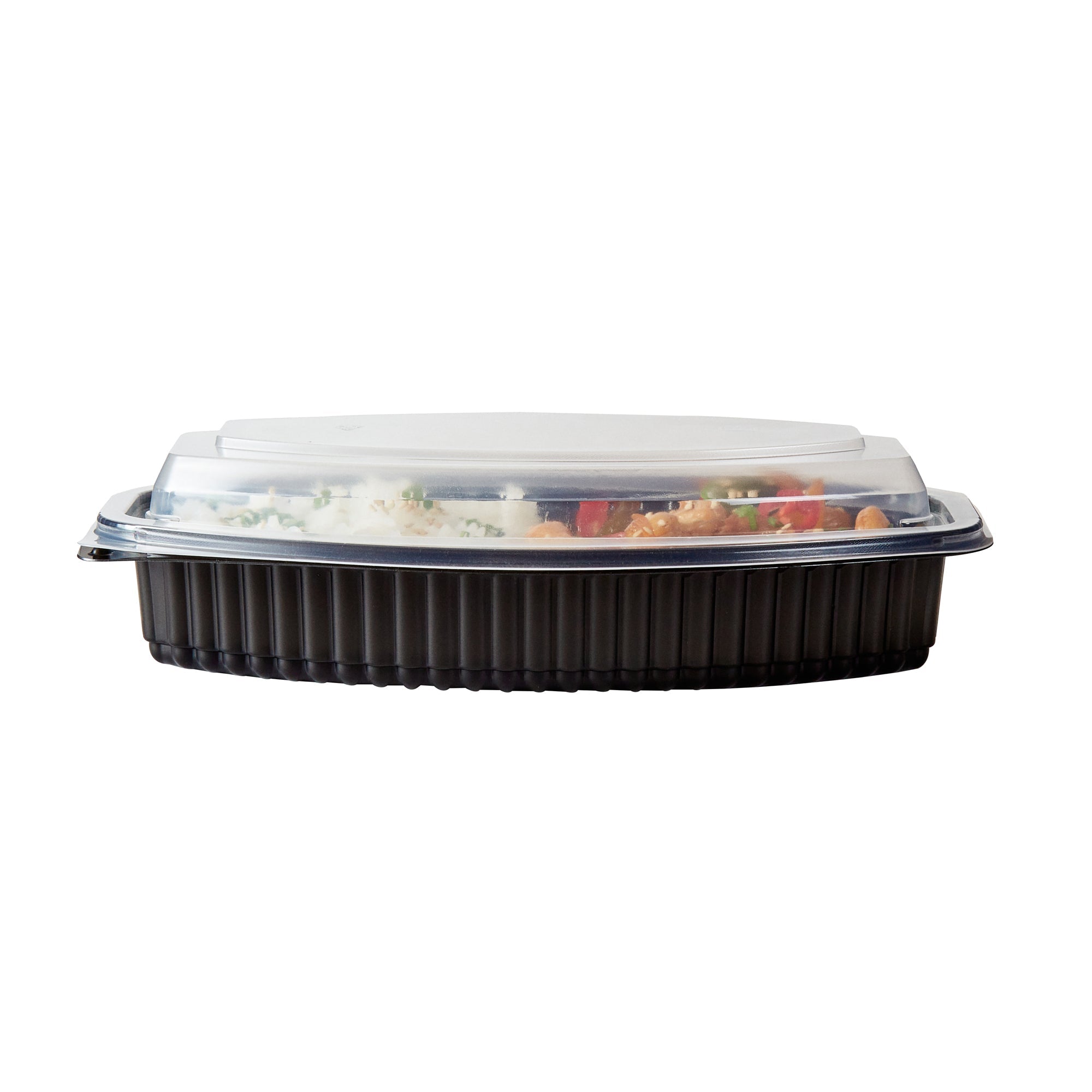 Chef 101 21 oz Oval Black Plastic Food Container - with Clear Lid, Microwavable - 9 1/4" x 5 3/4" x 2 1/4" - 50 count box