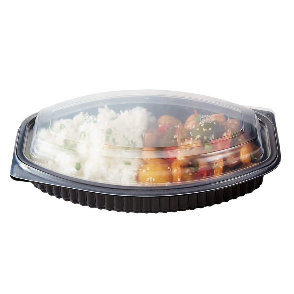 Chef 101 21 oz Oval Black Plastic Food Container - with Clear Lid, Microwavable - 9 1/4" x 5 3/4" x 2 1/4" - 50 count box