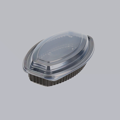 Chef 101 21 oz Oval Black Plastic Food Container - with Clear Lid, Microwavable - 9 1/4" x 5 3/4" x 2 1/4" - 50 count box
