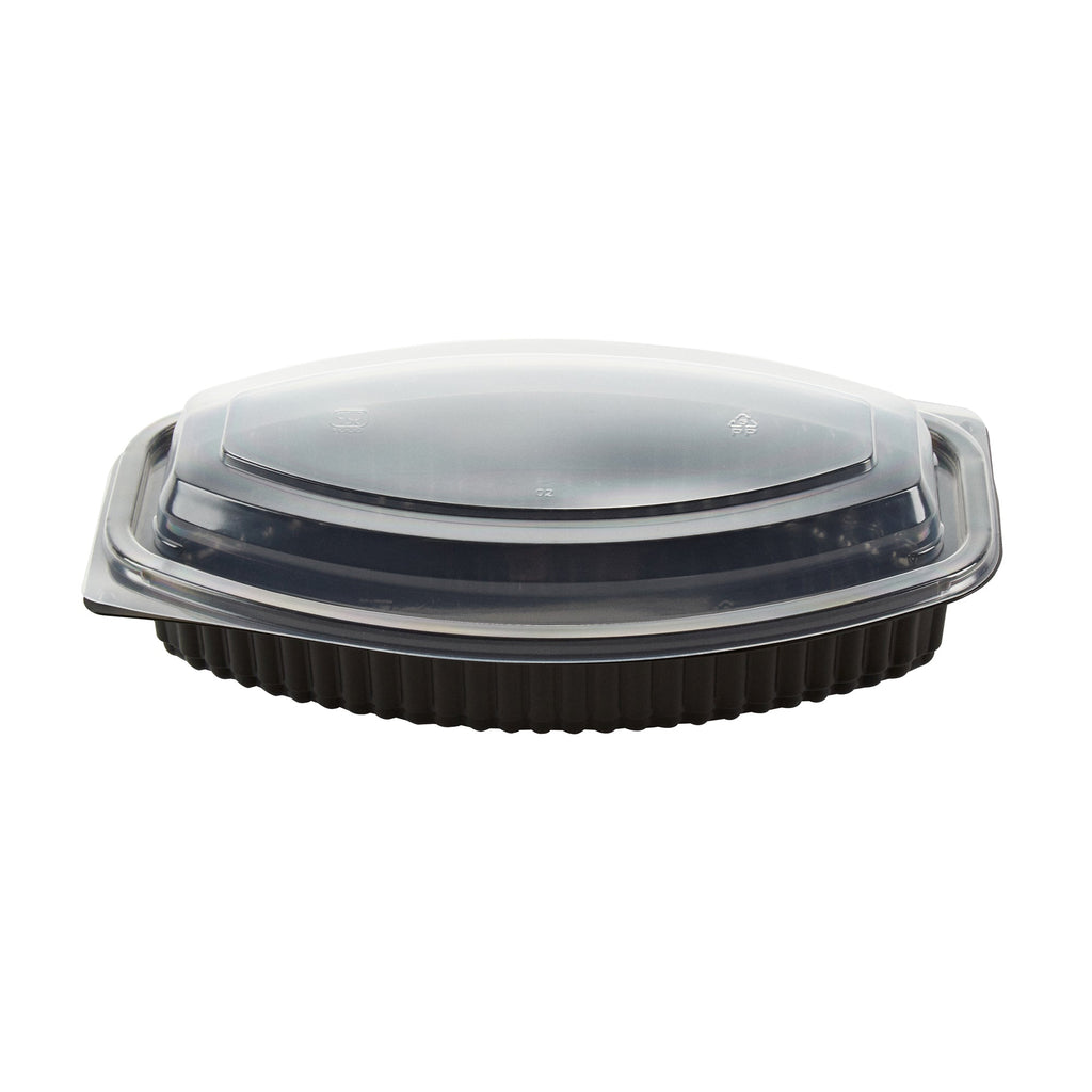 Chef 101 21 oz Oval Black Plastic Food Container - with Clear Lid, Microwavable - 9 1/4" x 5 3/4" x 2 1/4" - 50 count box