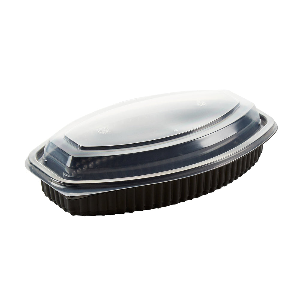 Chef 101 21 oz Oval Black Plastic Food Container - with Clear Lid, Microwavable - 9 1/4" x 5 3/4" x 2 1/4" - 50 count box