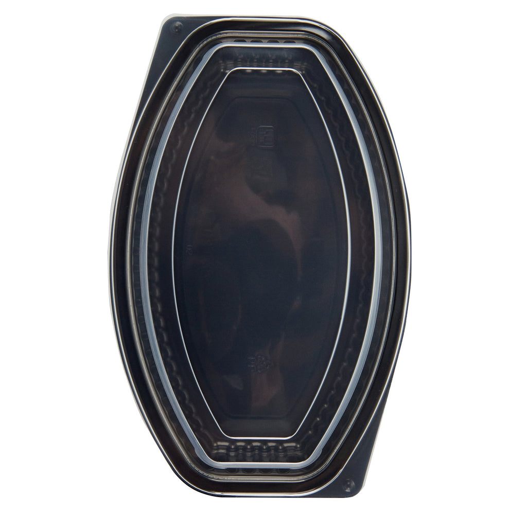 Chef 101 21 oz Oval Black Plastic Food Container - with Clear Lid, Microwavable - 9 1/4" x 5 3/4" x 2 1/4" - 50 count box