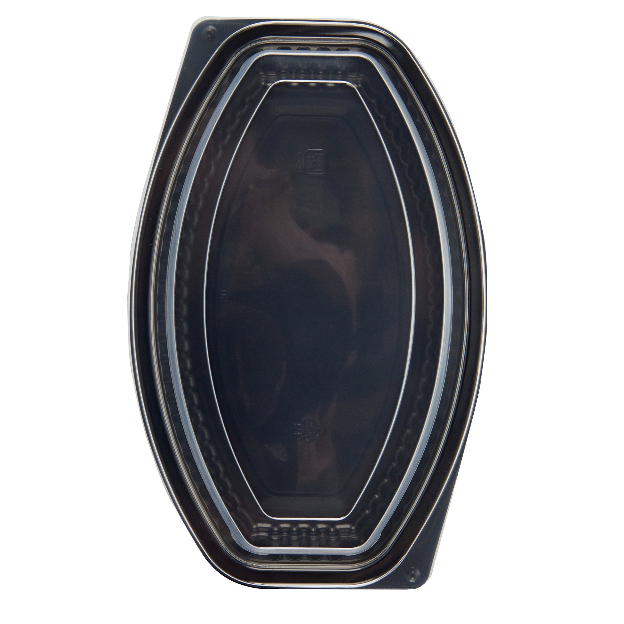 Chef 101 21 oz Oval Black Plastic Food Container - with Clear Lid, Microwavable - 9 1/4" x 5 3/4" x 2 1/4" - 50 count box