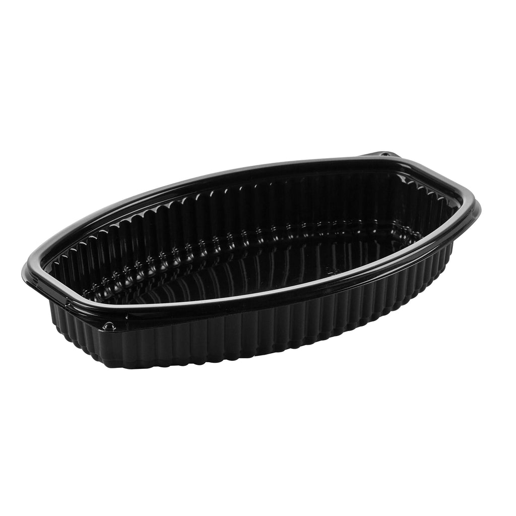 Chef 101 21 oz Oval Black Plastic Food Container - with Clear Lid, Microwavable - 9 1/4" x 5 3/4" x 2 1/4" - 50 count box