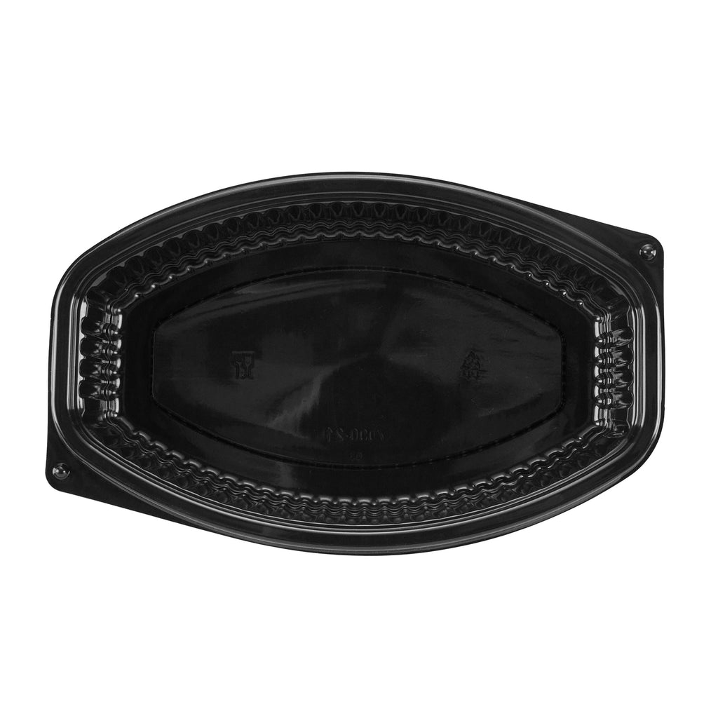 Chef 101 21 oz Oval Black Plastic Food Container - with Clear Lid, Microwavable - 9 1/4" x 5 3/4" x 2 1/4" - 50 count box