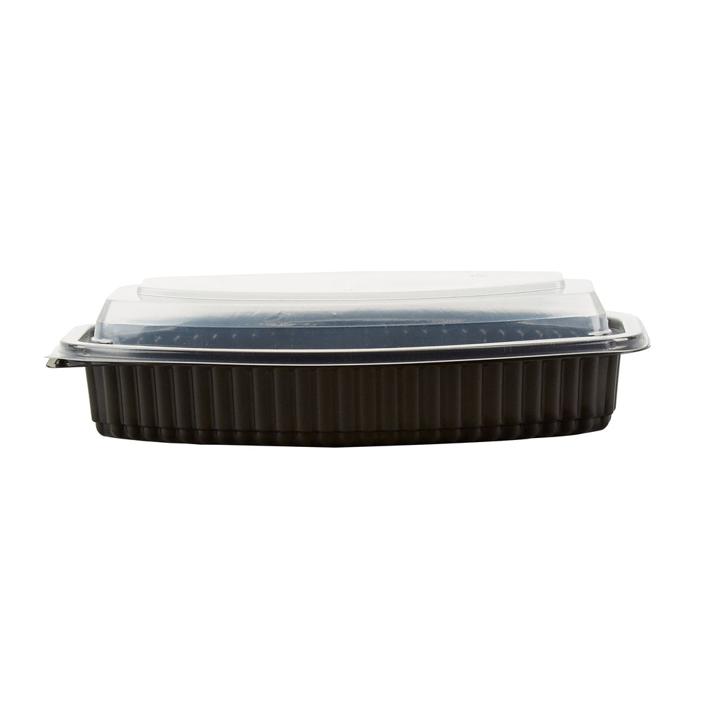 Chef 101 21 oz Oval Black Plastic Food Container - with Clear Lid, Microwavable - 9 1/4" x 5 3/4" x 2 1/4" - 50 count box