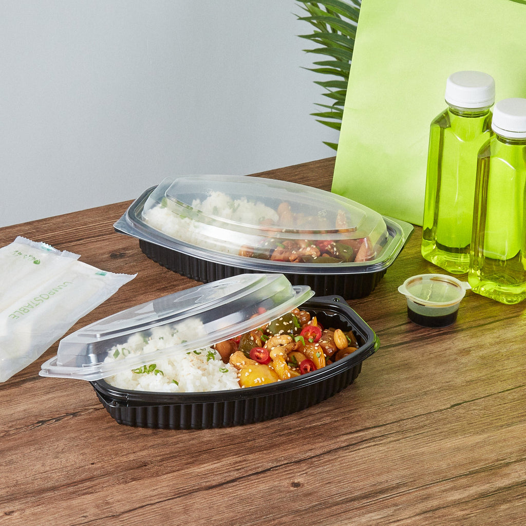 Chef 101 21 oz Oval Black Plastic Food Container - with Clear Lid, Microwavable - 9 1/4" x 5 3/4" x 2 1/4" - 50 count box