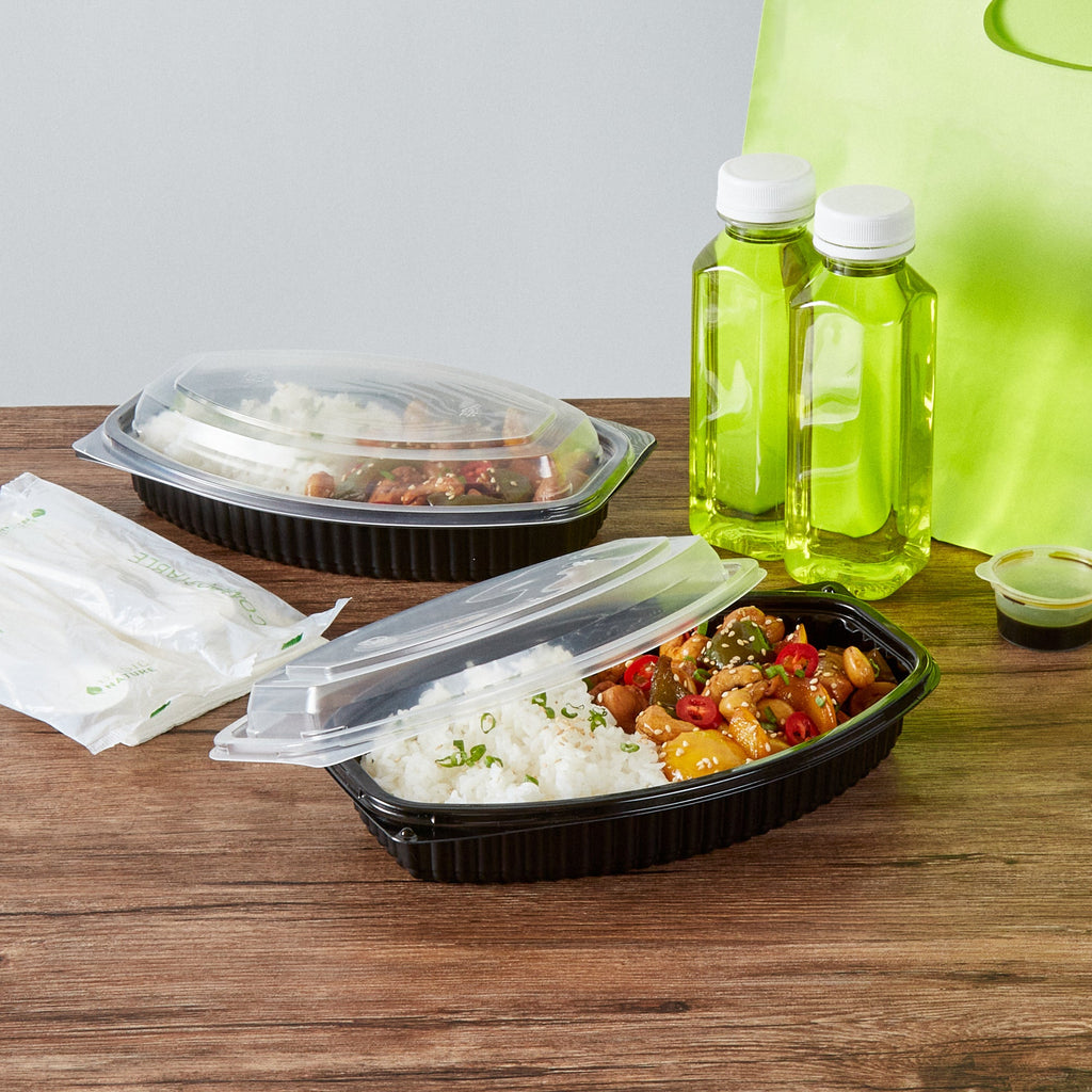 Chef 101 21 oz Oval Black Plastic Food Container - with Clear Lid, Microwavable - 9 1/4" x 5 3/4" x 2 1/4" - 50 count box