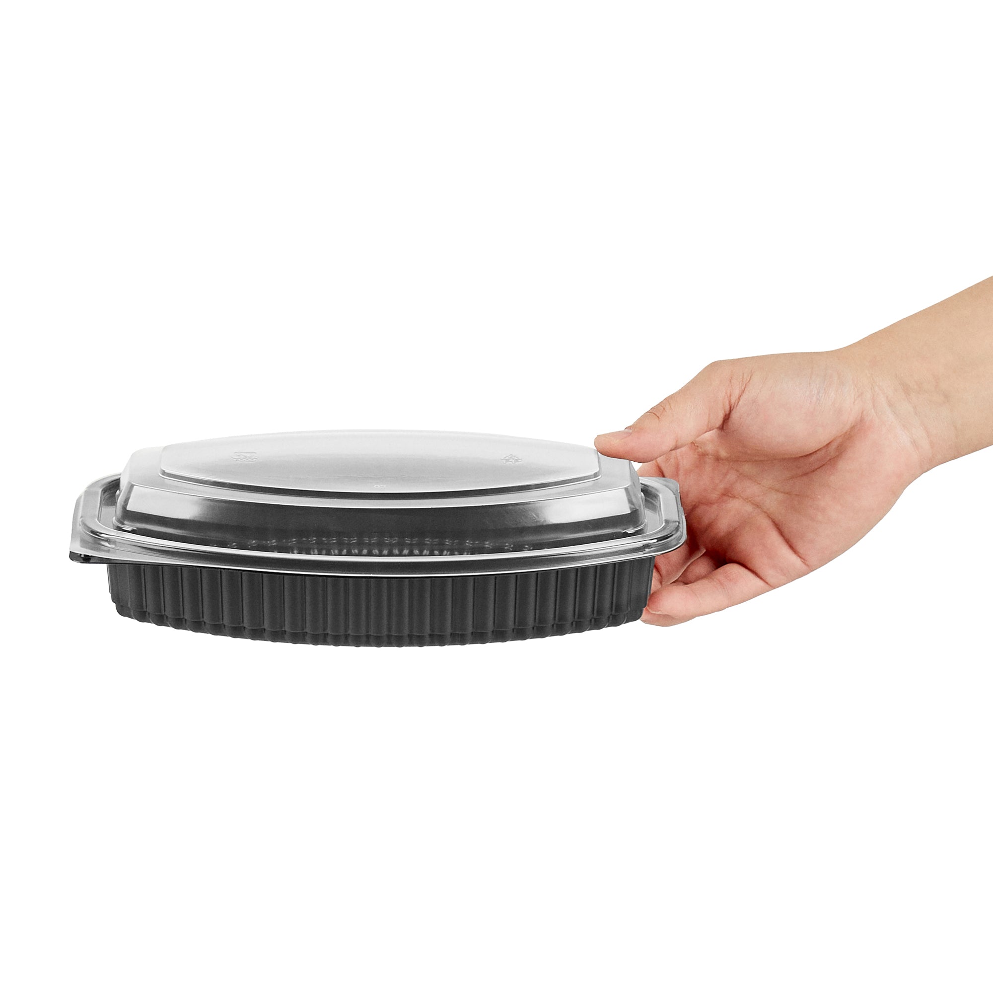 Chef 101 21 oz Oval Black Plastic Food Container - with Clear Lid, Microwavable - 9 1/4" x 5 3/4" x 2 1/4" - 100 count box