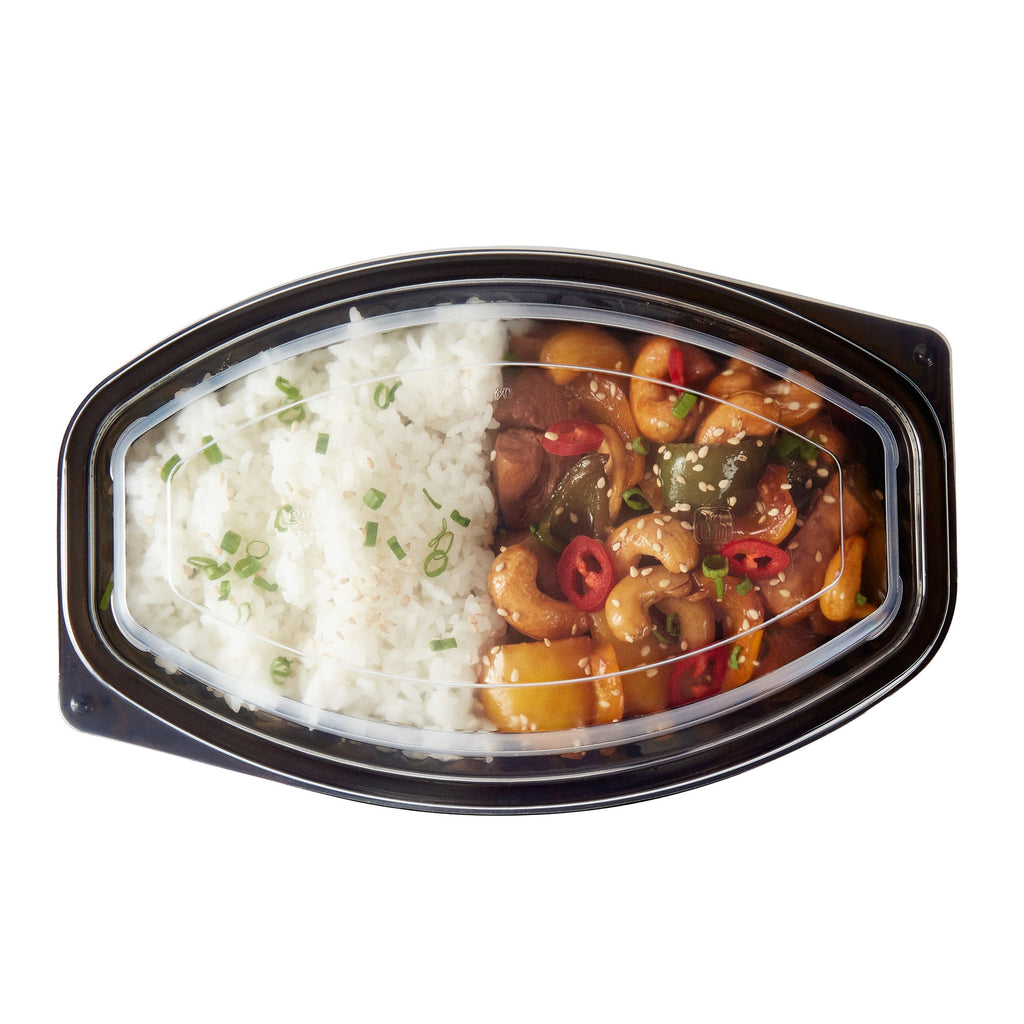 Chef 101 21 oz Oval Black Plastic Food Container - with Clear Lid, Microwavable - 9 1/4" x 5 3/4" x 2 1/4" - 100 count box