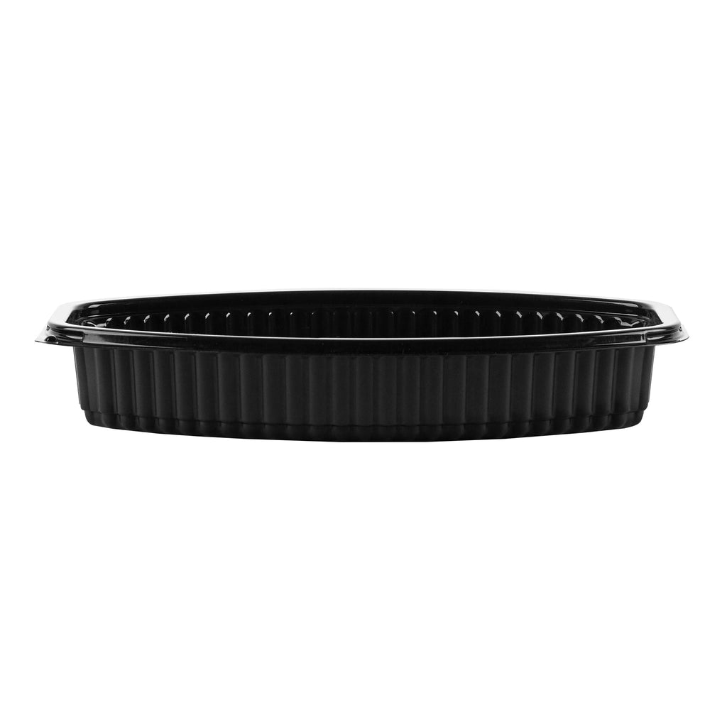 Chef 101 21 oz Oval Black Plastic Food Container - with Clear Lid, Microwavable - 9 1/4" x 5 3/4" x 2 1/4" - 100 count box