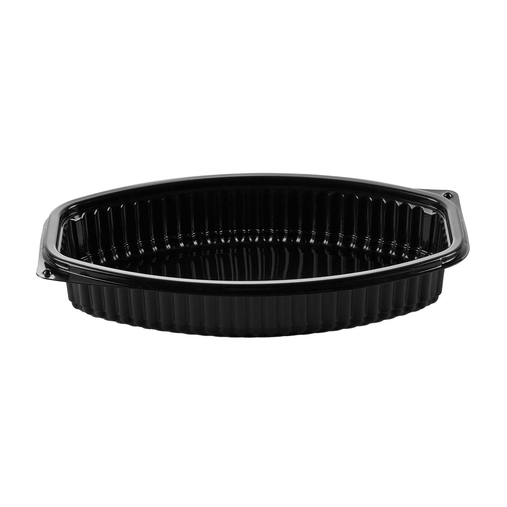 Chef 101 21 oz Oval Black Plastic Food Container - with Clear Lid, Microwavable - 9 1/4" x 5 3/4" x 2 1/4" - 100 count box