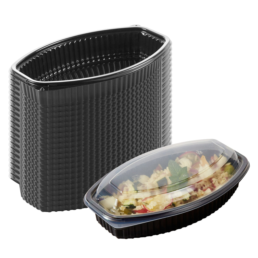 Chef 101 24 oz Oval Black Plastic Food Container - with Clear Lid, Microwavable - 9 1/4" x 5 3/4" x 2 1/2" - 50 count box