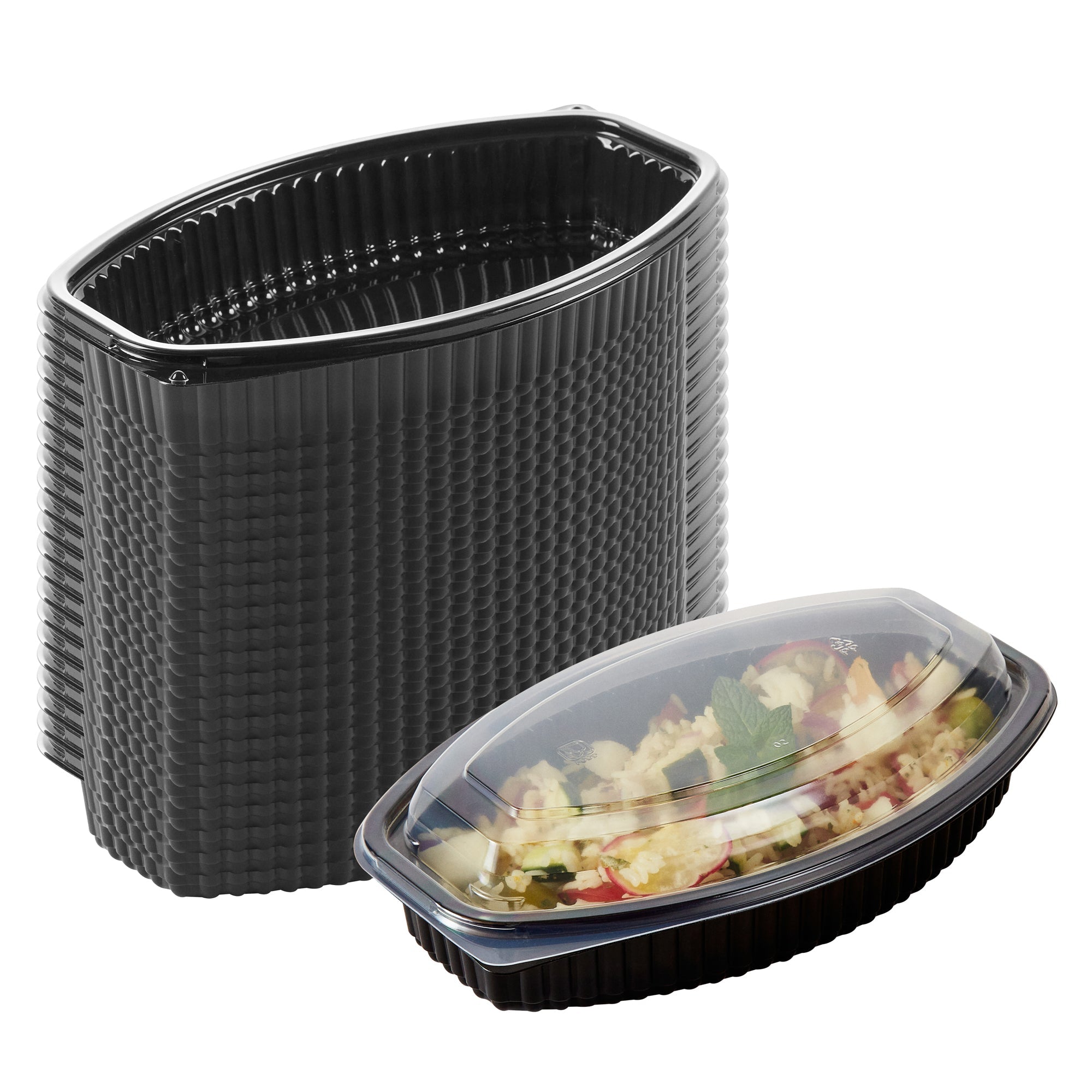 Chef 101 24 oz Oval Black Plastic Food Container - with Clear Lid, Microwavable - 9 1/4" x 5 3/4" x 2 1/2" - 50 count box