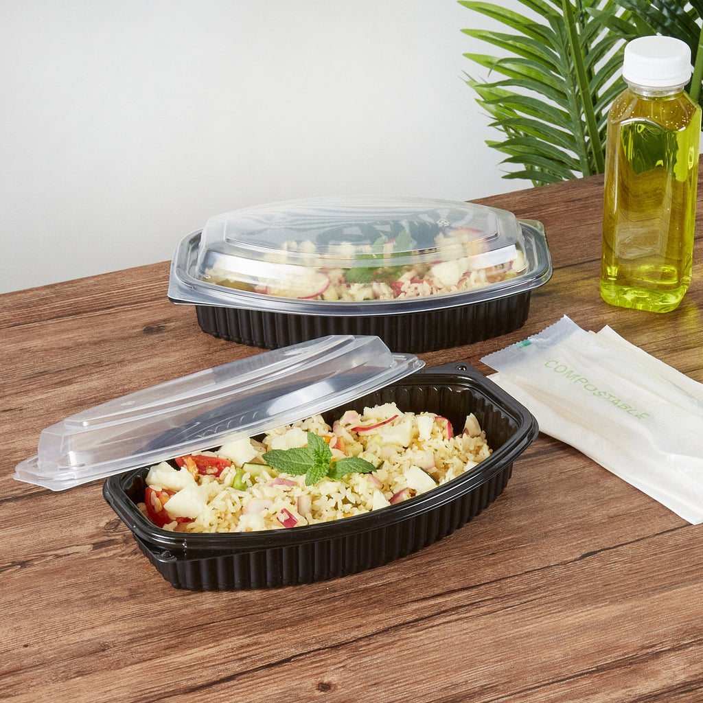 Chef 101 24 oz Oval Black Plastic Food Container - with Clear Lid, Microwavable - 9 1/4" x 5 3/4" x 2 1/2" - 50 count box