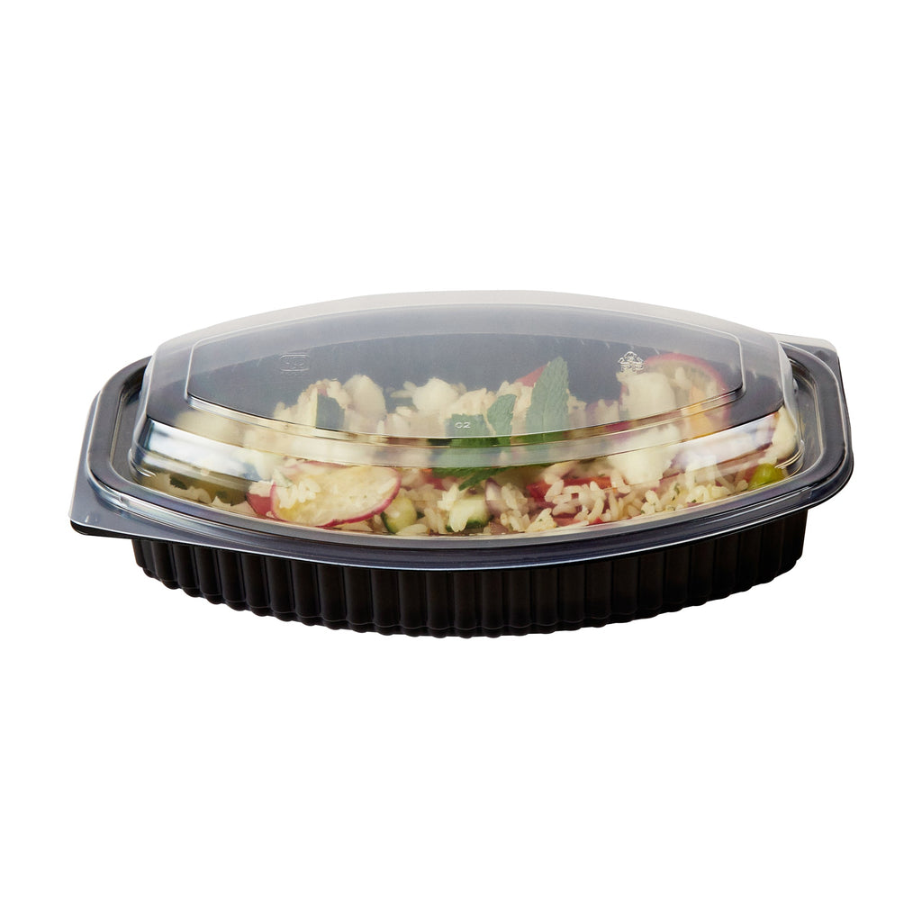 Chef 101 24 oz Oval Black Plastic Food Container - with Clear Lid, Microwavable - 9 1/4" x 5 3/4" x 2 1/2" - 50 count box