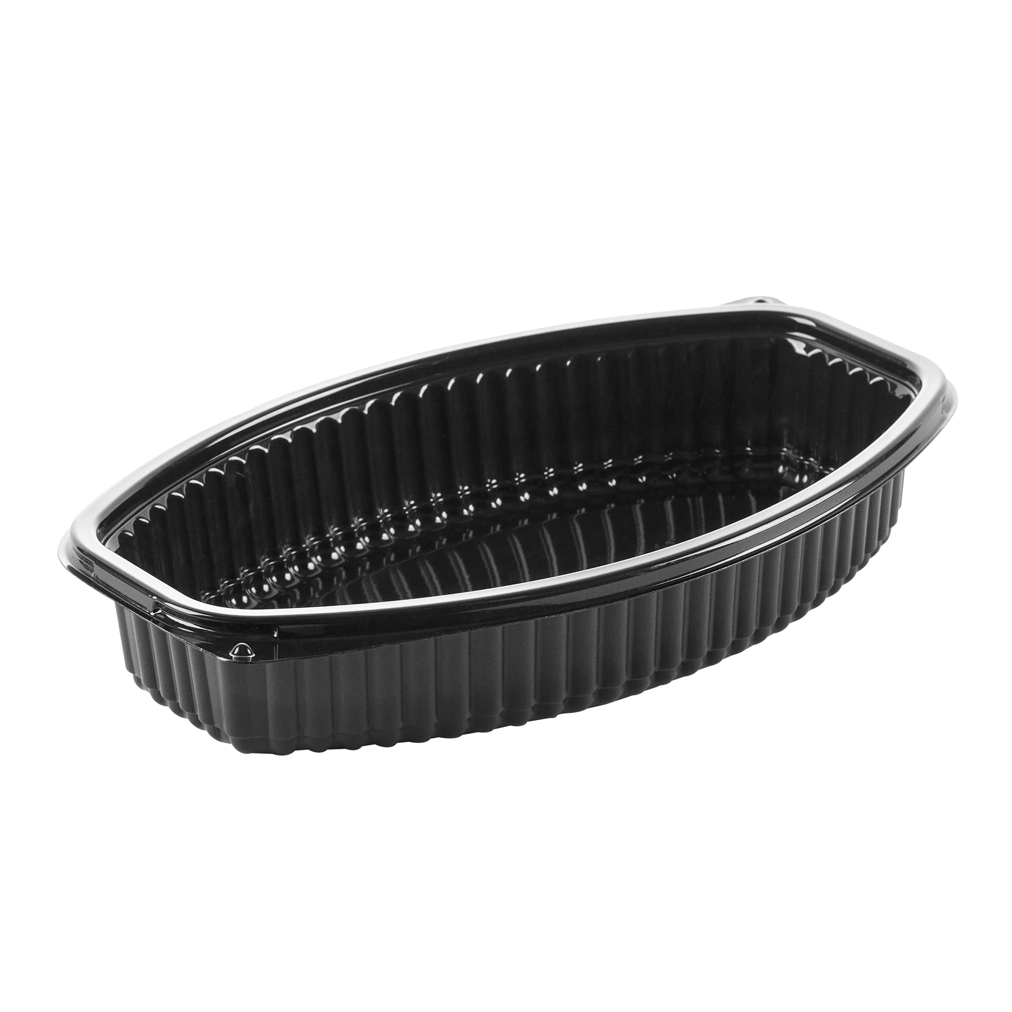 Chef 101 24 oz Oval Black Plastic Food Container - with Clear Lid, Microwavable - 9 1/4" x 5 3/4" x 2 1/2" - 50 count box