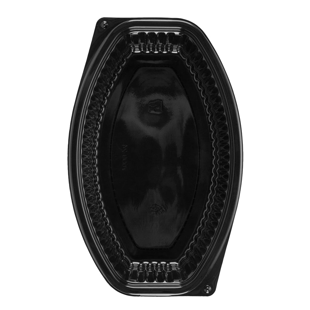 Chef 101 24 oz Oval Black Plastic Food Container - with Clear Lid, Microwavable - 9 1/4" x 5 3/4" x 2 1/2" - 50 count box