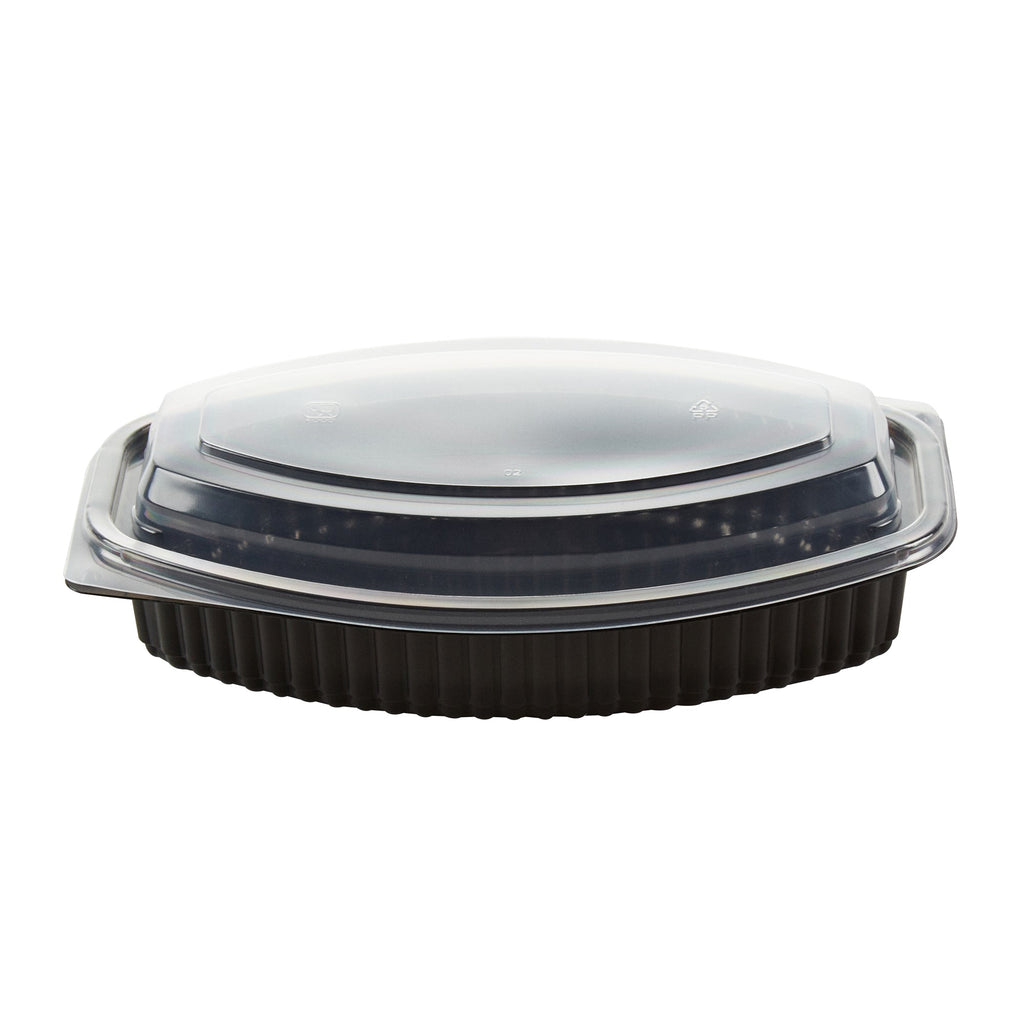Chef 101 24 oz Oval Black Plastic Food Container - with Clear Lid, Microwavable - 9 1/4" x 5 3/4" x 2 1/2" - 50 count box