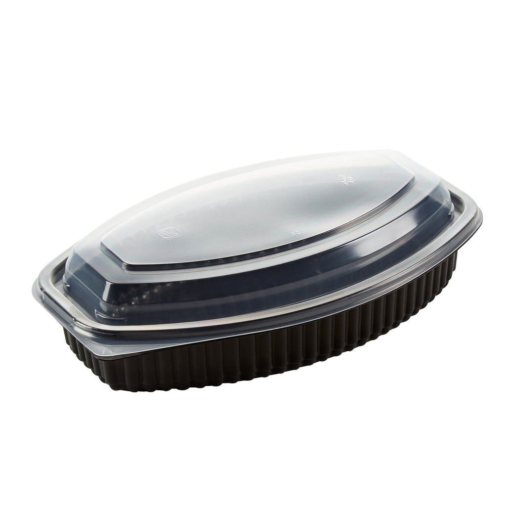 Chef 101 24 oz Oval Black Plastic Food Container - with Clear Lid, Microwavable - 9 1/4" x 5 3/4" x 2 1/2" - 50 count box