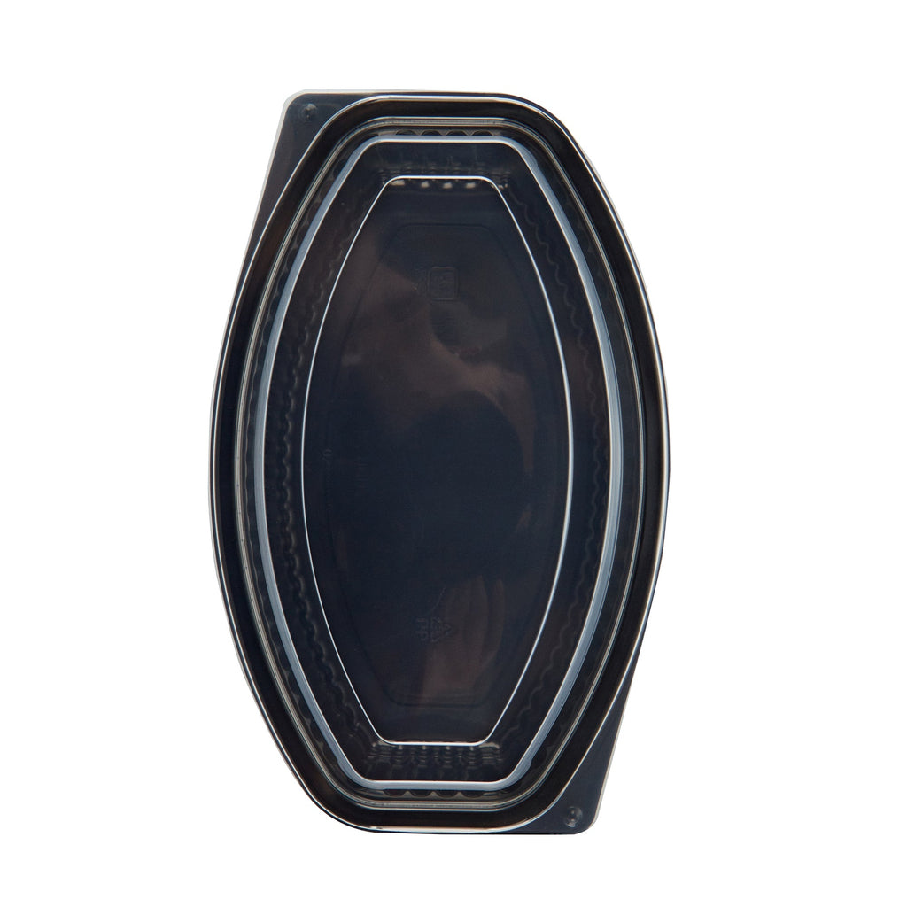 Chef 101 24 oz Oval Black Plastic Food Container - with Clear Lid, Microwavable - 9 1/4" x 5 3/4" x 2 1/2" - 50 count box