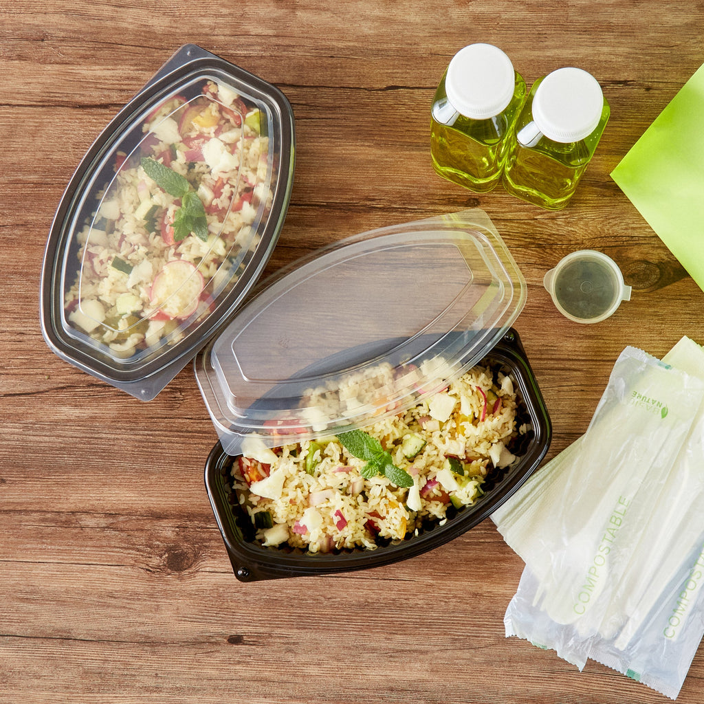 Chef 101 24 oz Oval Black Plastic Food Container - with Clear Lid, Microwavable - 9 1/4" x 5 3/4" x 2 1/2" - 50 count box