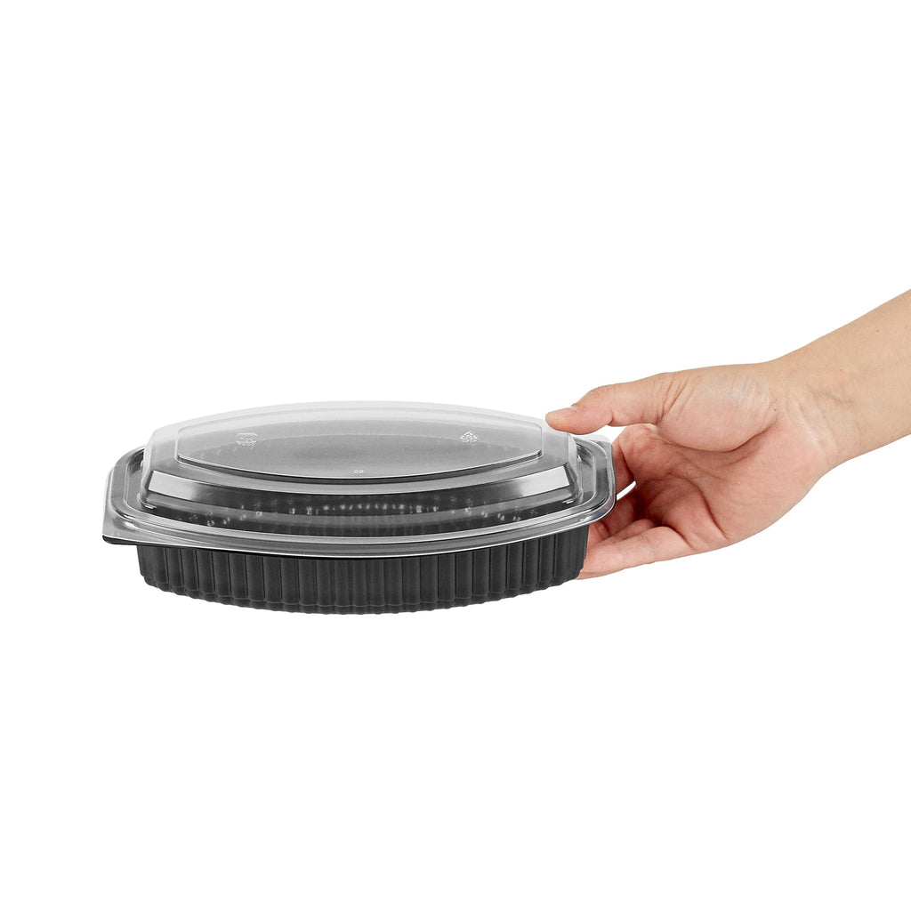 Chef 101 24 oz Oval Black Plastic Food Container - with Clear Lid, Microwavable - 9 1/4" x 5 3/4" x 2 1/2" - 100 count box