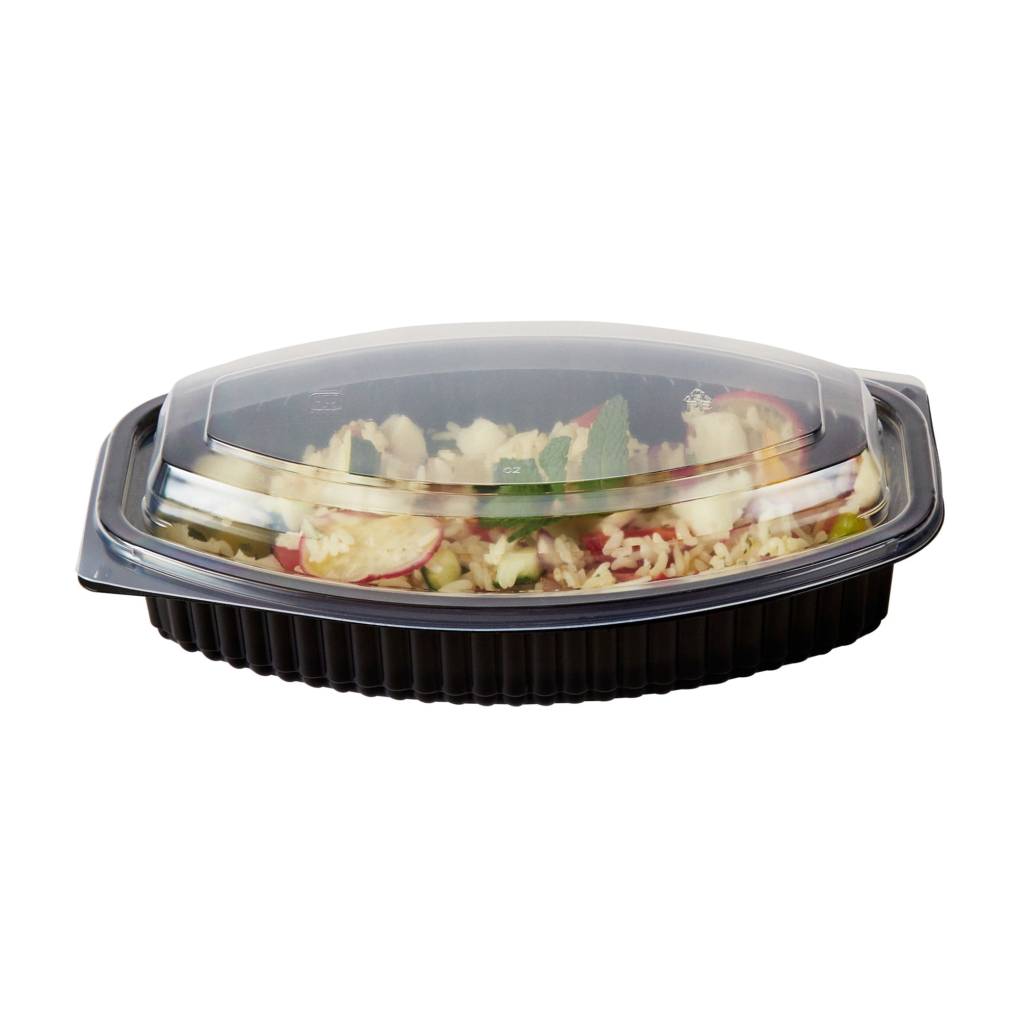 Chef 101 24 oz Oval Black Plastic Food Container - with Clear Lid, Microwavable - 9 1/4" x 5 3/4" x 2 1/2" - 100 count box
