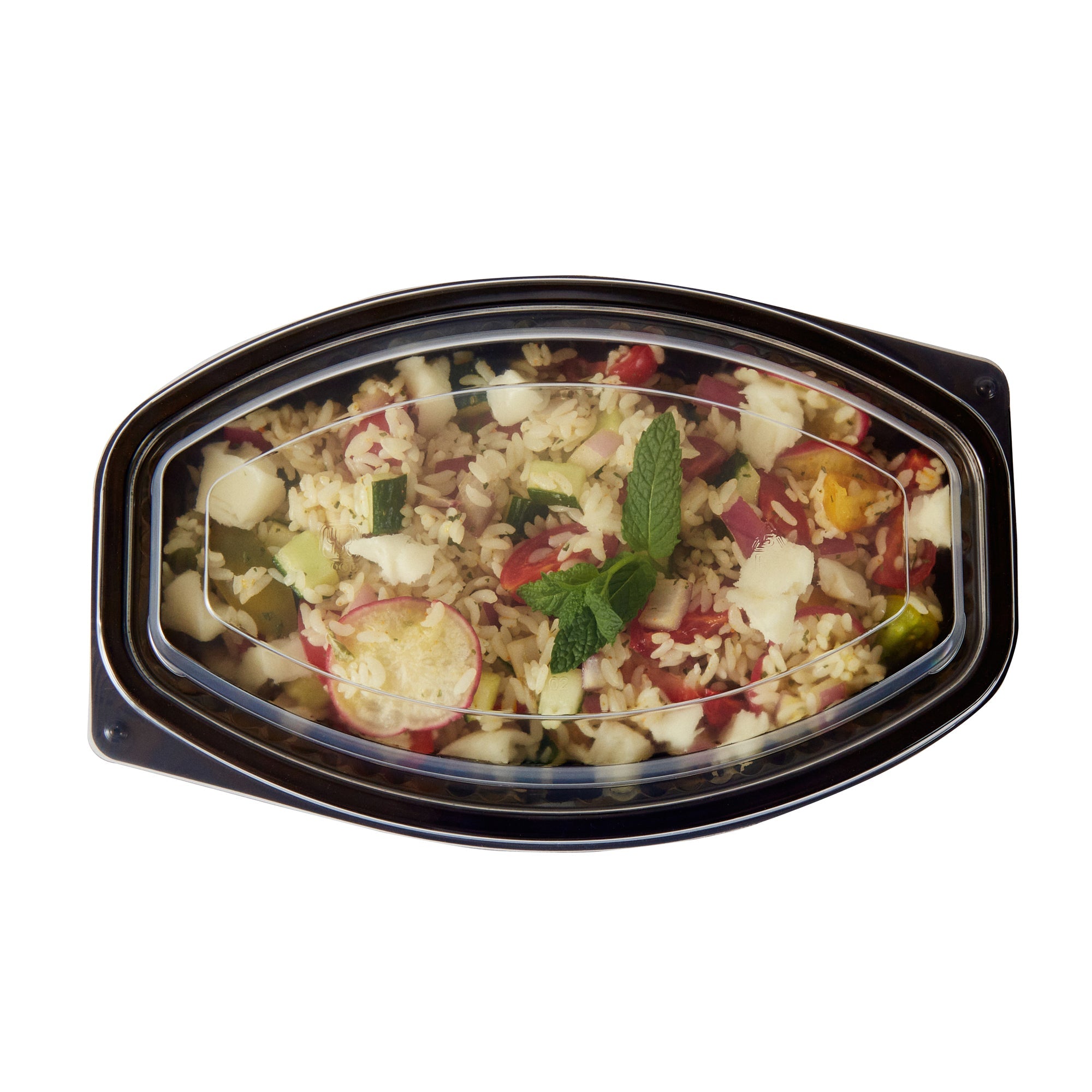 Chef 101 24 oz Oval Black Plastic Food Container - with Clear Lid, Microwavable - 9 1/4" x 5 3/4" x 2 1/2" - 100 count box