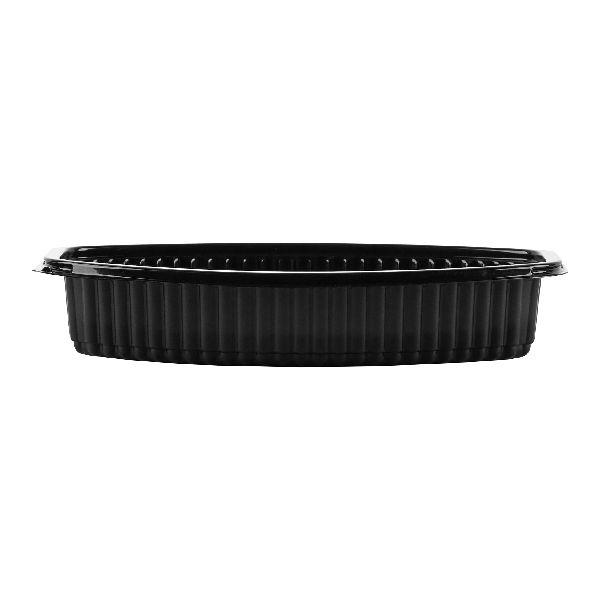 Chef 101 24 oz Oval Black Plastic Food Container - with Clear Lid, Microwavable - 9 1/4" x 5 3/4" x 2 1/2" - 100 count box