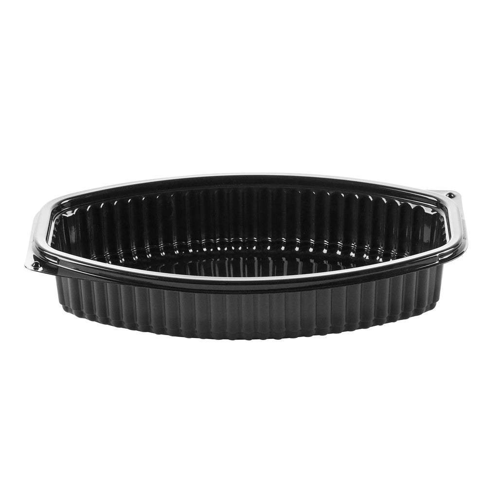 Chef 101 24 oz Oval Black Plastic Food Container - with Clear Lid, Microwavable - 9 1/4" x 5 3/4" x 2 1/2" - 100 count box