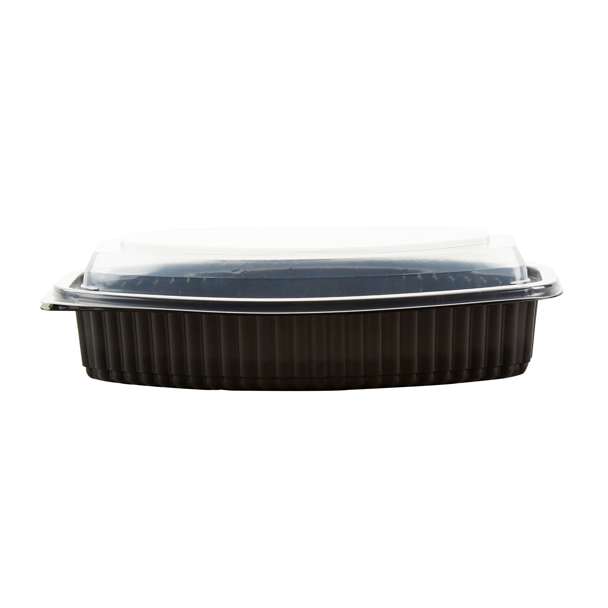 Chef 101 24 oz Oval Black Plastic Food Container - with Clear Lid, Microwavable - 9 1/4" x 5 3/4" x 2 1/2" - 100 count box
