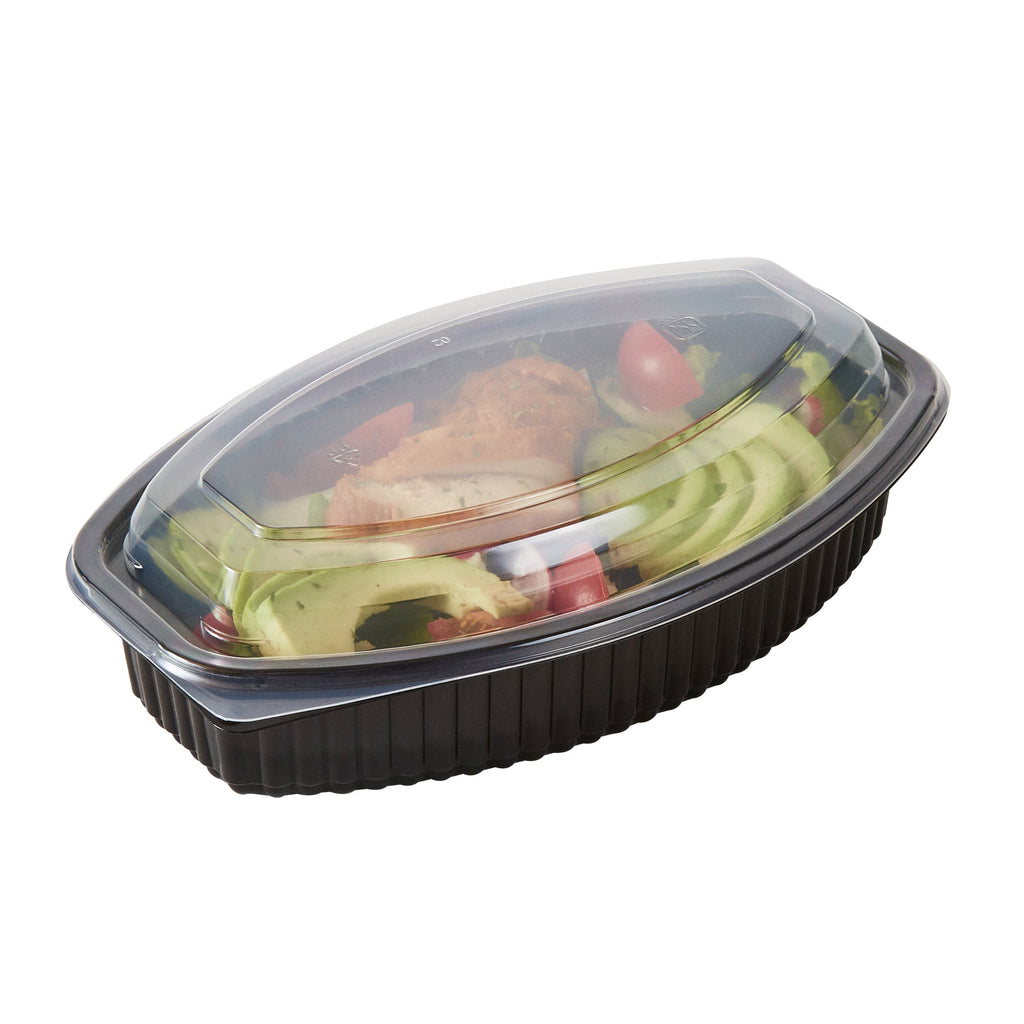 Chef 101 28 oz Oval Black Plastic Food Container - with Clear Lid, Microwavable - 9 1/4" x 5 3/4" x 2 3/4" - 50 count box