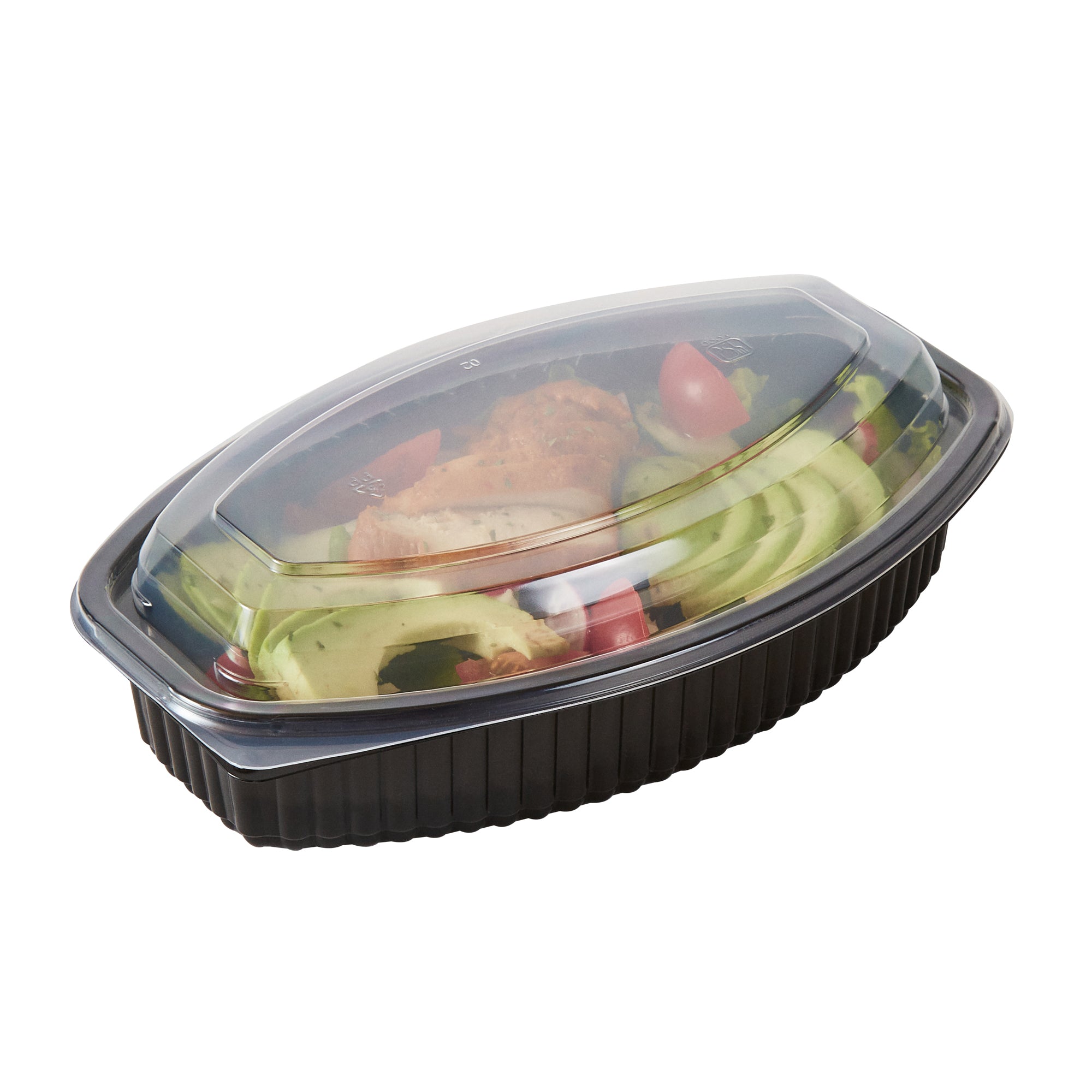 Chef 101 28 oz Oval Black Plastic Food Container - with Clear Lid, Microwavable - 9 1/4" x 5 3/4" x 2 3/4" - 50 count box