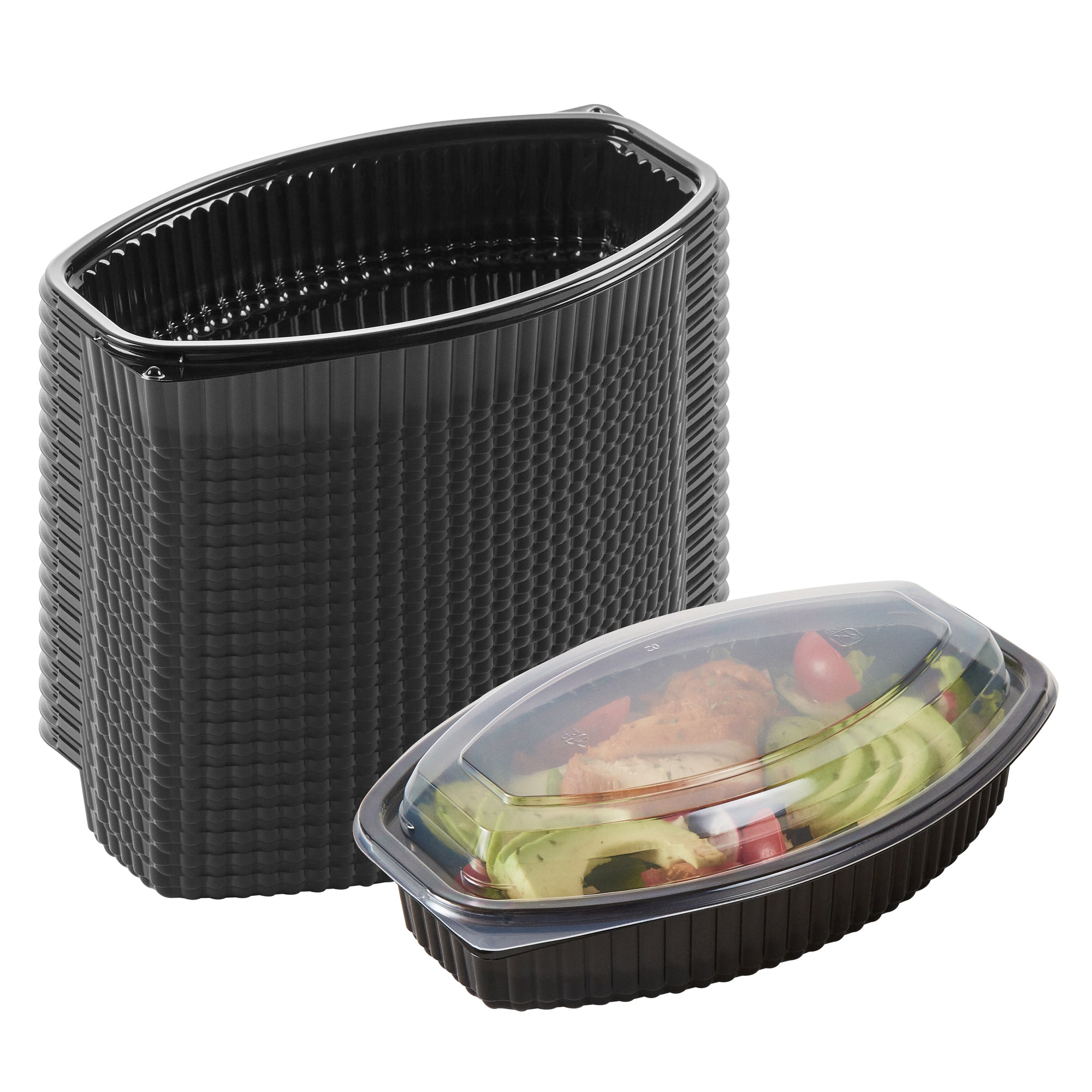 Chef 101 28 oz Oval Black Plastic Food Container - with Clear Lid, Microwavable - 9 1/4" x 5 3/4" x 2 3/4" - 50 count box
