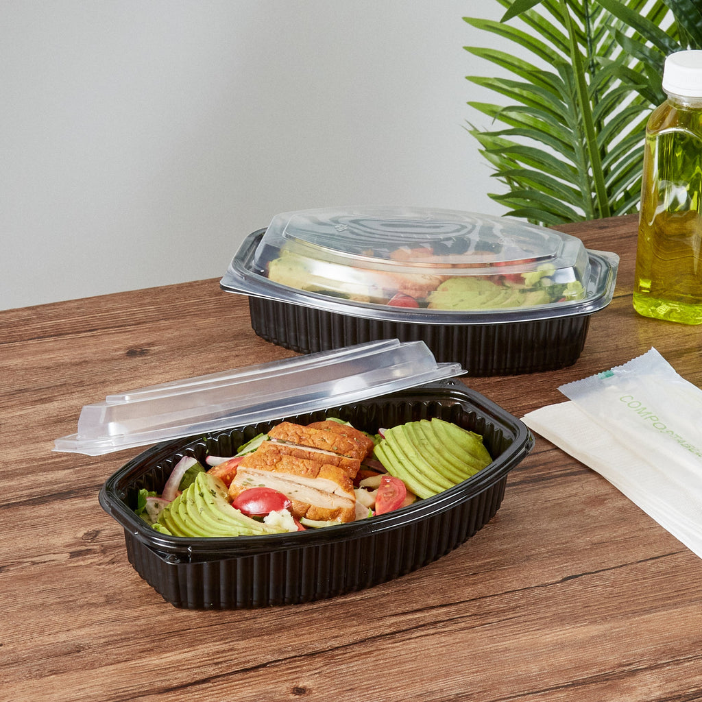 Chef 101 28 oz Oval Black Plastic Food Container - with Clear Lid, Microwavable - 9 1/4" x 5 3/4" x 2 3/4" - 50 count box