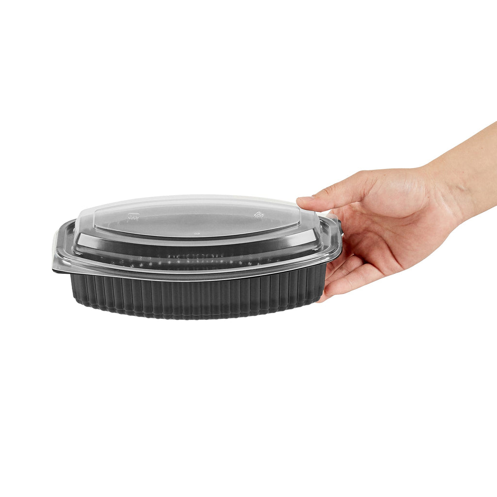 Chef 101 28 oz Oval Black Plastic Food Container - with Clear Lid, Microwavable - 9 1/4" x 5 3/4" x 2 3/4" - 50 count box