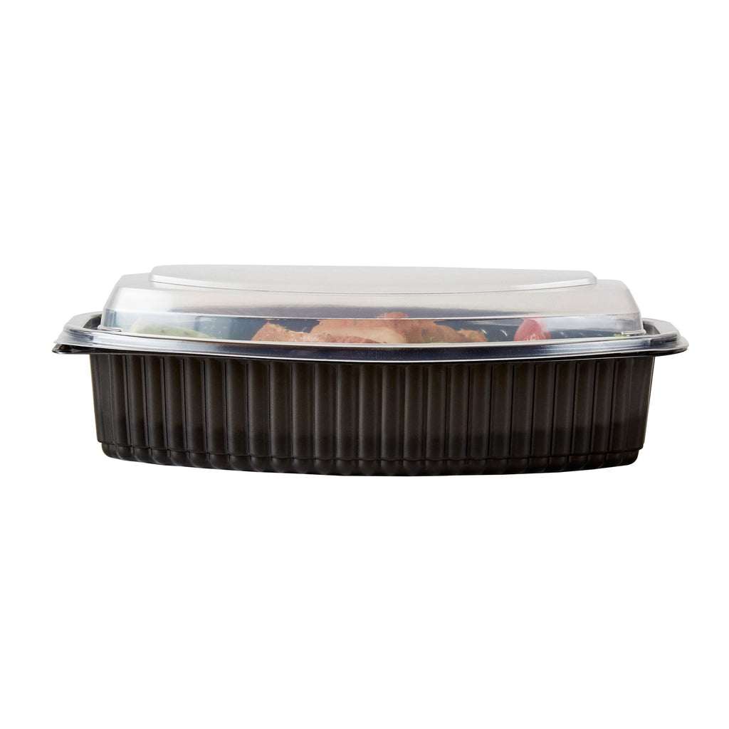 Chef 101 28 oz Oval Black Plastic Food Container - with Clear Lid, Microwavable - 9 1/4" x 5 3/4" x 2 3/4" - 50 count box