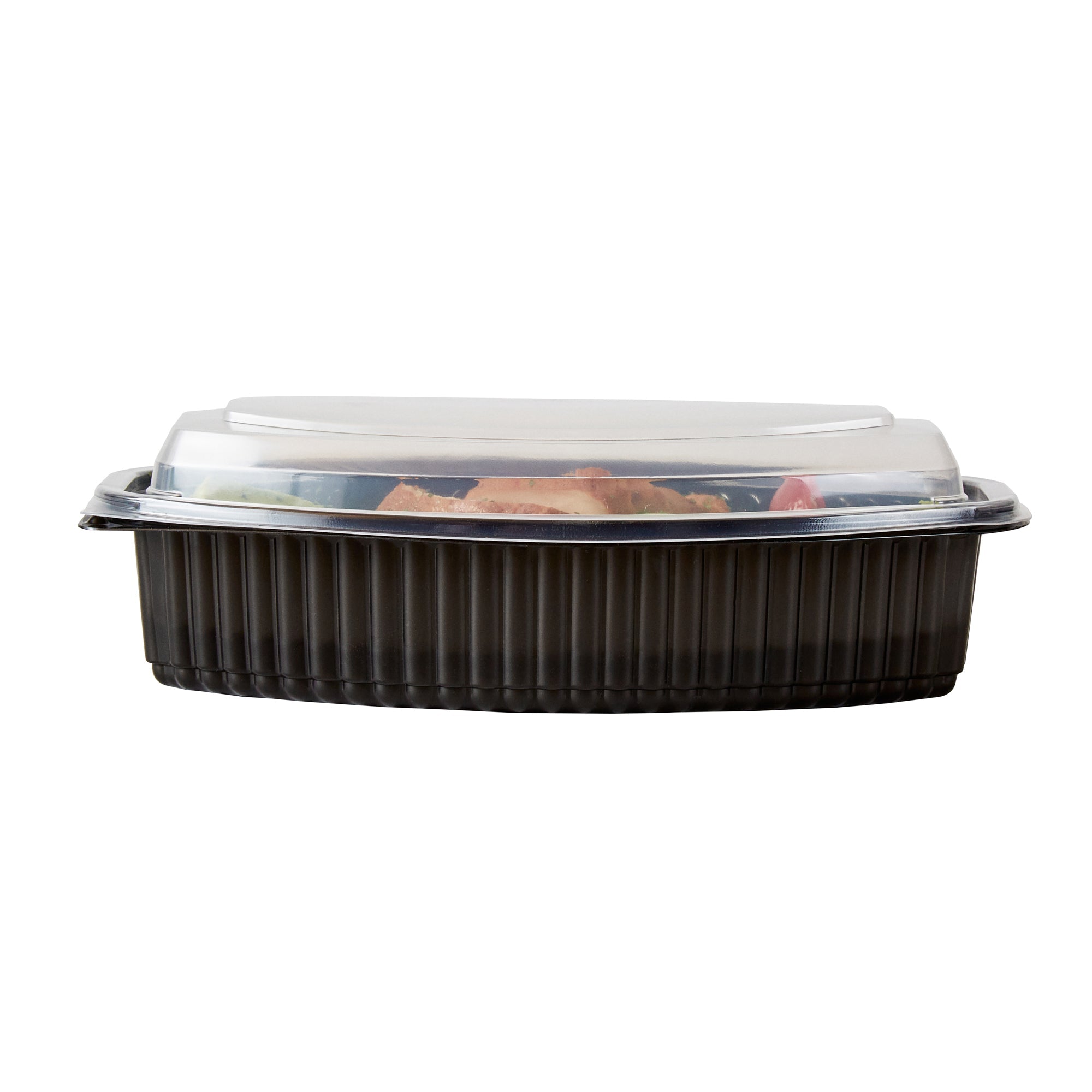 Chef 101 28 oz Oval Black Plastic Food Container - with Clear Lid, Microwavable - 9 1/4" x 5 3/4" x 2 3/4" - 50 count box