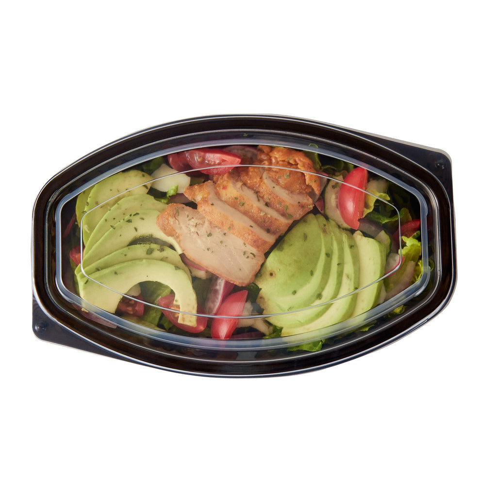 Chef 101 28 oz Oval Black Plastic Food Container - with Clear Lid, Microwavable - 9 1/4" x 5 3/4" x 2 3/4" - 50 count box