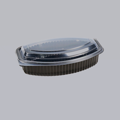 Chef 101 28 oz Oval Black Plastic Food Container - with Clear Lid, Microwavable - 9 1/4" x 5 3/4" x 2 3/4" - 50 count box