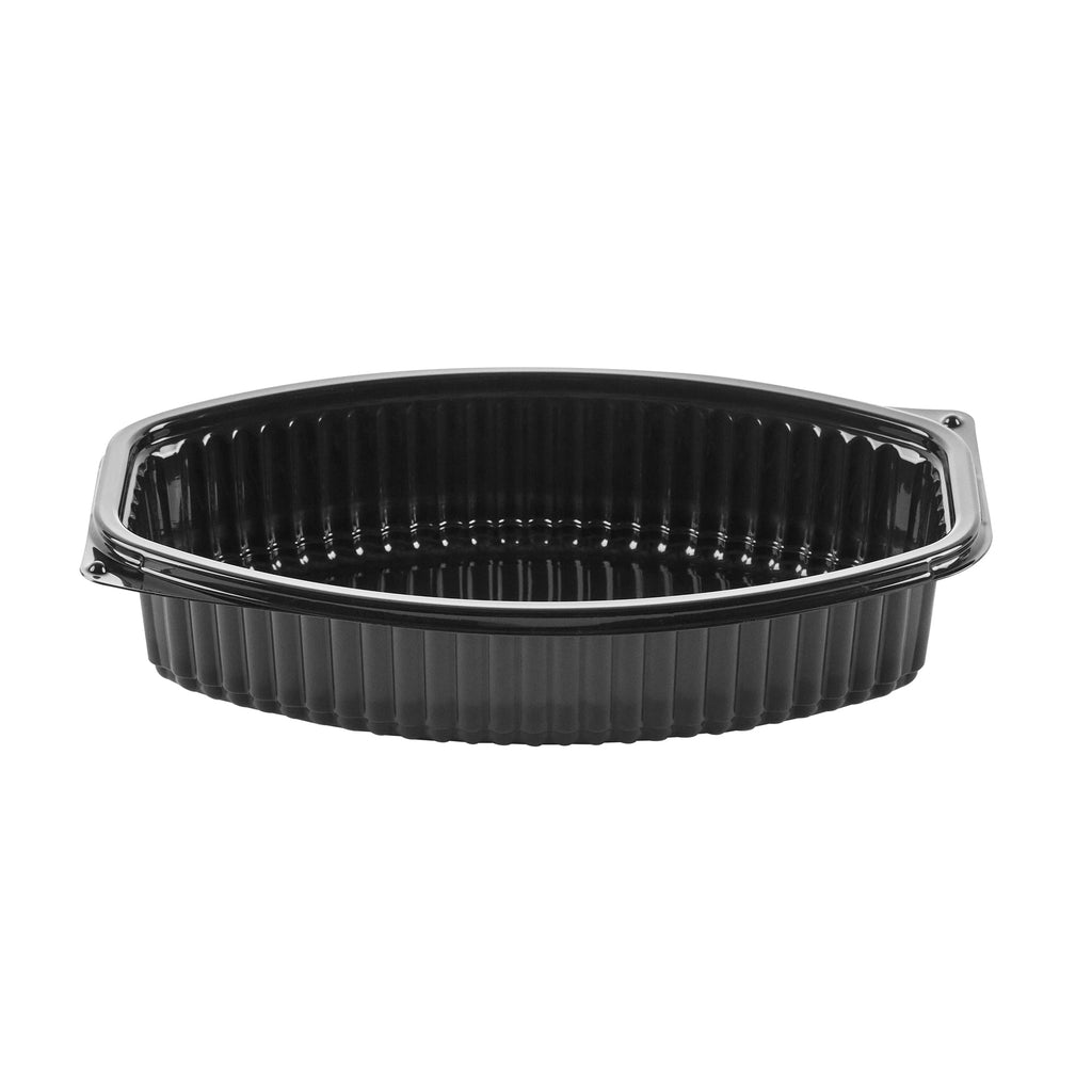 Chef 101 28 oz Oval Black Plastic Food Container - with Clear Lid, Microwavable - 9 1/4" x 5 3/4" x 2 3/4" - 50 count box